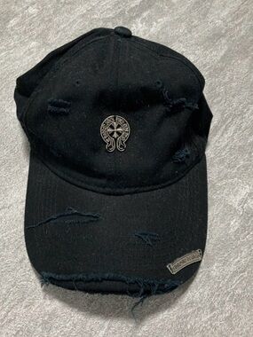 Designer CH Distressed Black Baseball Cap with Metal Emblem